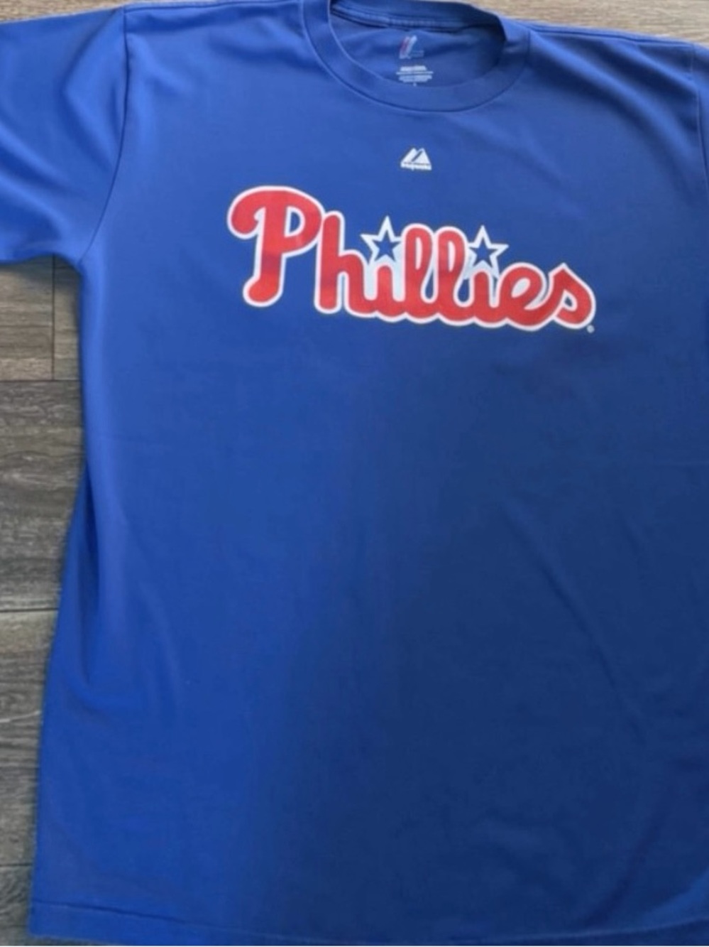 Majestic Blue Tee with Red Phillies Script Logo